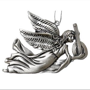 🆕 Vintage Pewter Silver Angel w/Ukulele Holiday Christmas Tree Ornament NWOT